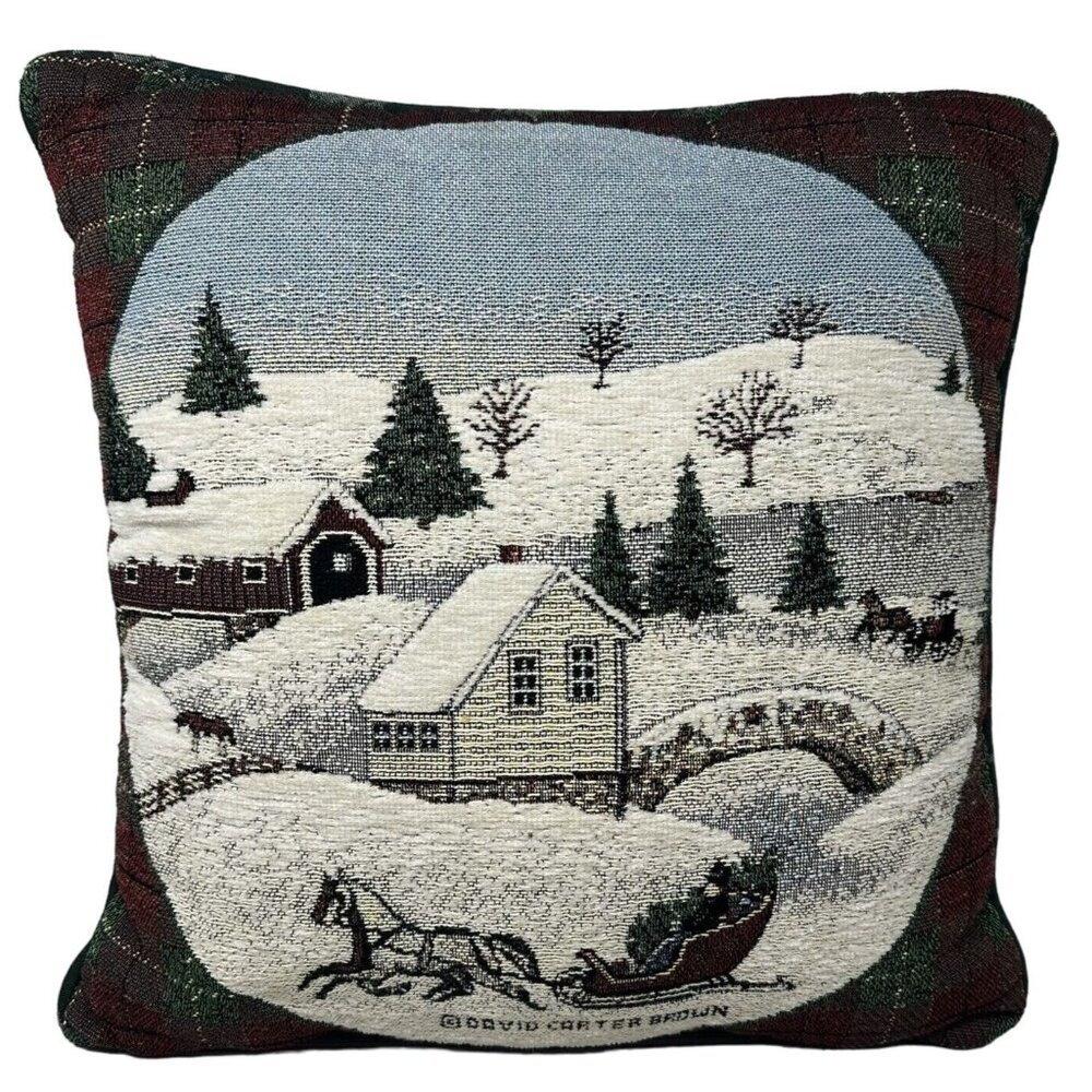 Tapestry Pillow Victorian Sleigh Ride David Carter Brown Snow Scene Plaid Trim
